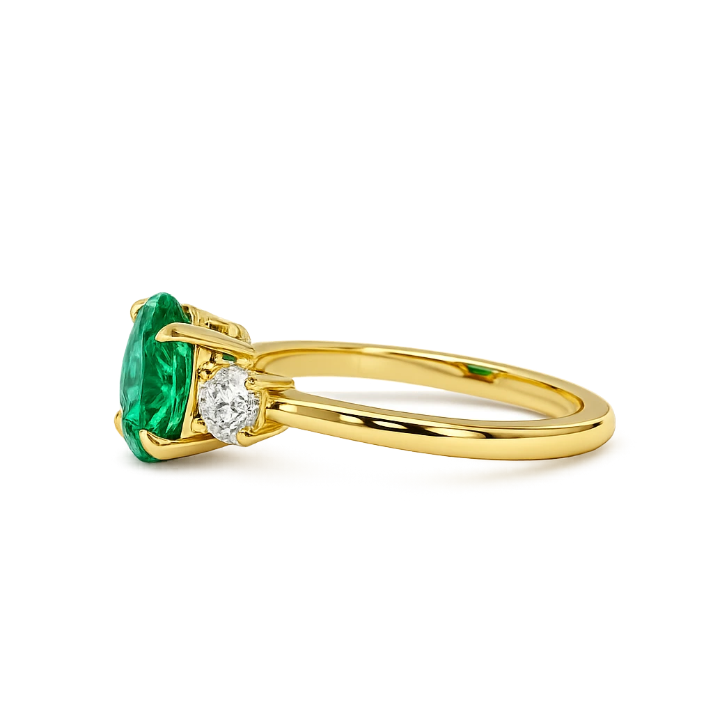 Oval Lab Grown Emerald Three Stone Engagement Ring with Round Side Stones – Timeless Vintage Inspired Bridal Ring