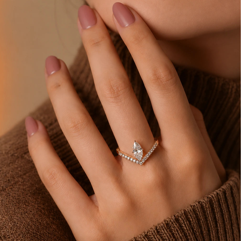 Marquise Cut Lab Grown Diamond Chevron Engagement Ring Rose Gold V Shaped Pavé Bridal Ring
