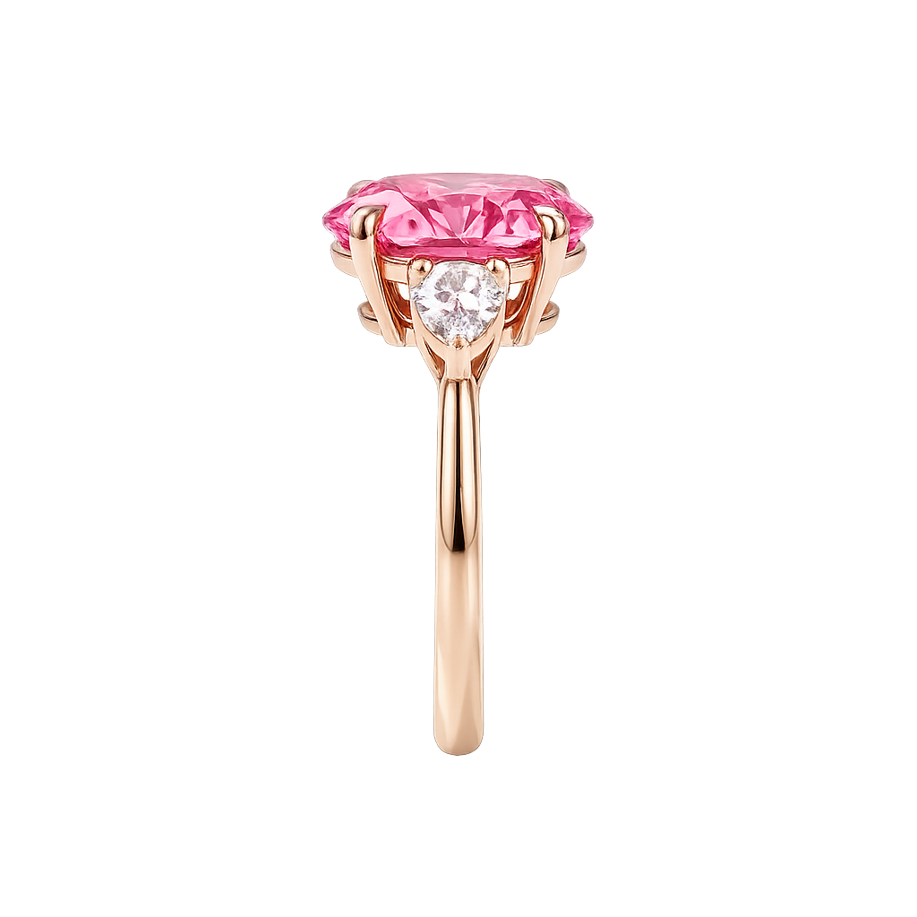 Oval Pink Sapphire Three Stone Lab Grown Diamond Engagement Ring with Pear Side Stones