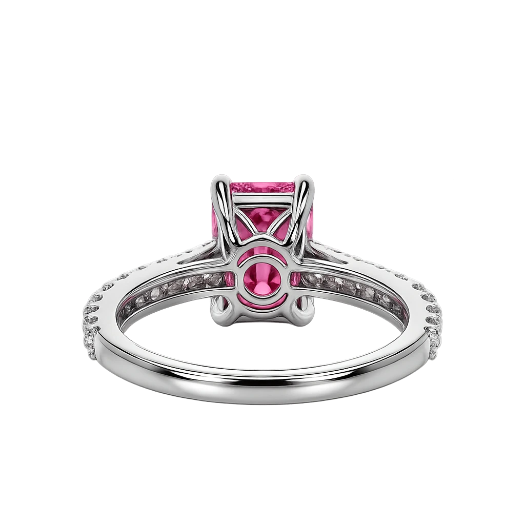 Emerald Cut Pink Sapphire Engagement Ring with Diamond Pavé Band