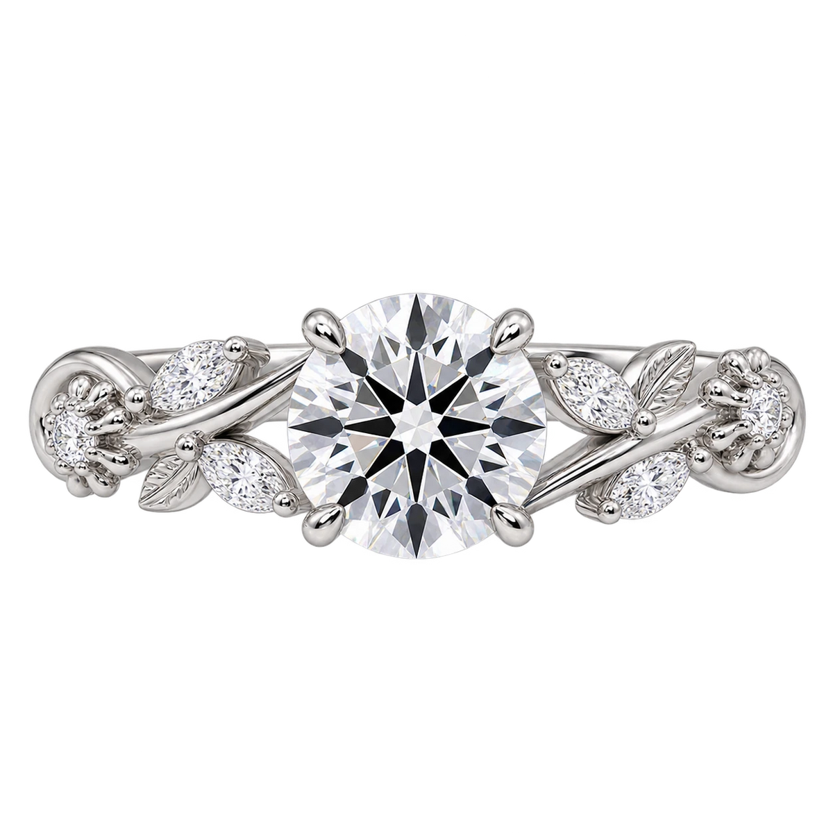 Round Moissanite Nature Inspired Bridal Set – Floral Vine Engagement Ring & Matching Wedding Band