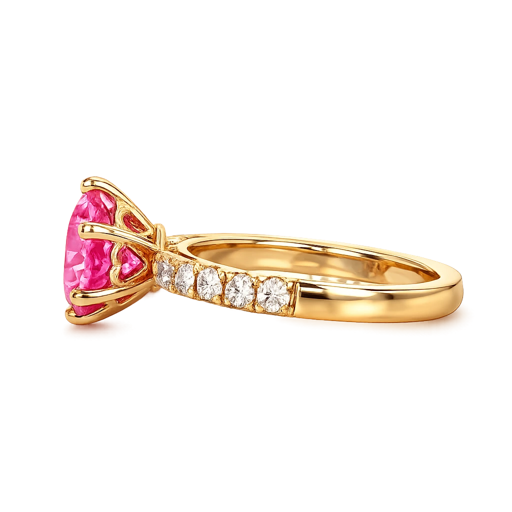 Round Lab Grown Pink Sapphire Engagement Ring with Diamond Accented Band – Classic Solitaire Gemstone Ring for Women