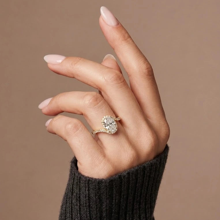 Oval Cut Lab Grown Diamond Engagement Ring Halo Solitaire with Pave Crossover Band in Yellow Gold