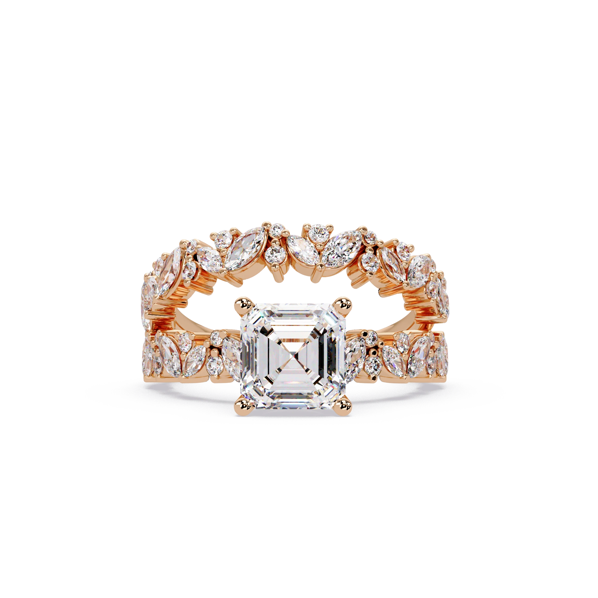 Asscher Cut Lab Grown Diamond Floral Bridal Set White Gold Marquise Pavé Engagement Ring