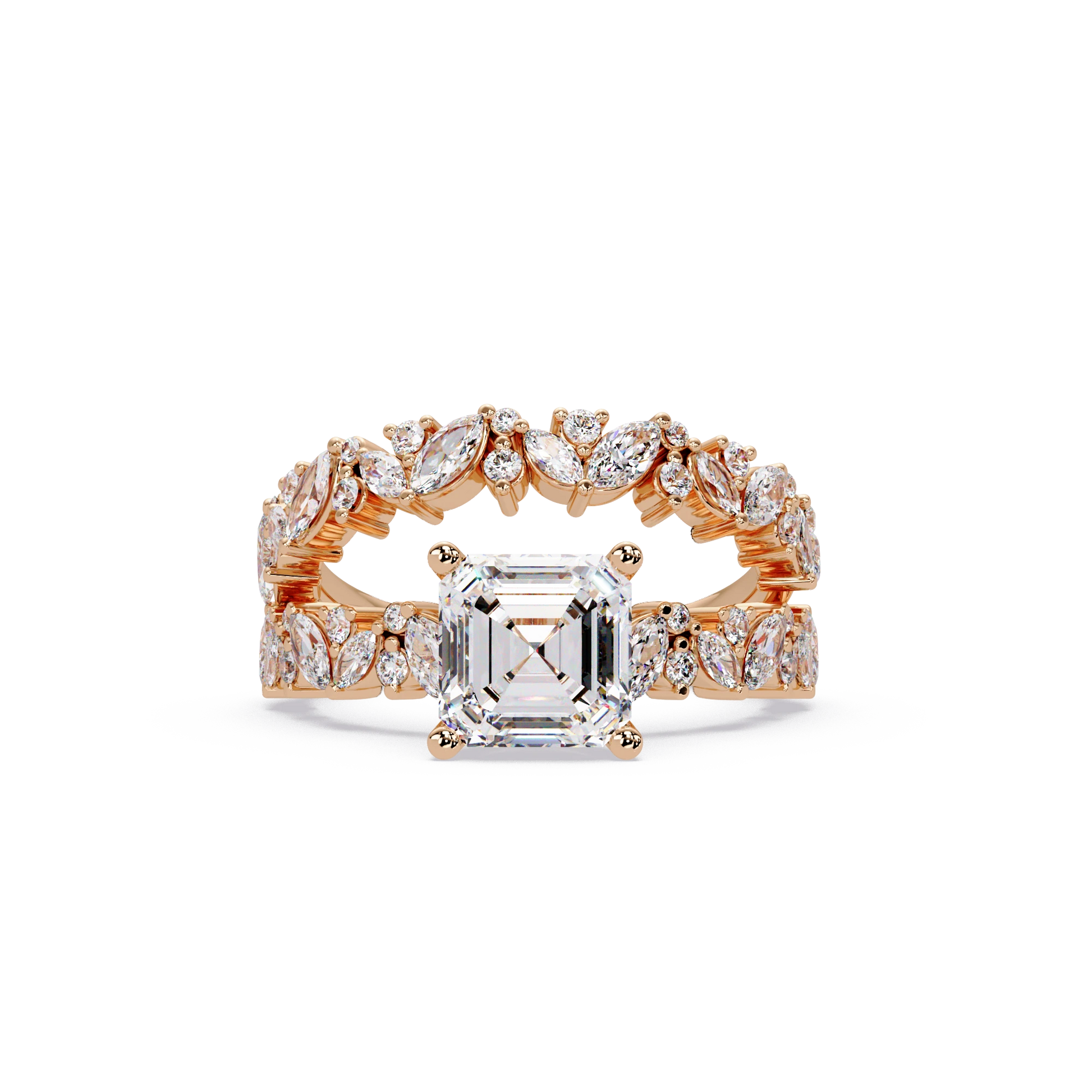 Asscher Cut Lab Grown Diamond Floral Bridal Set White Gold Marquise Pavé Engagement Ring