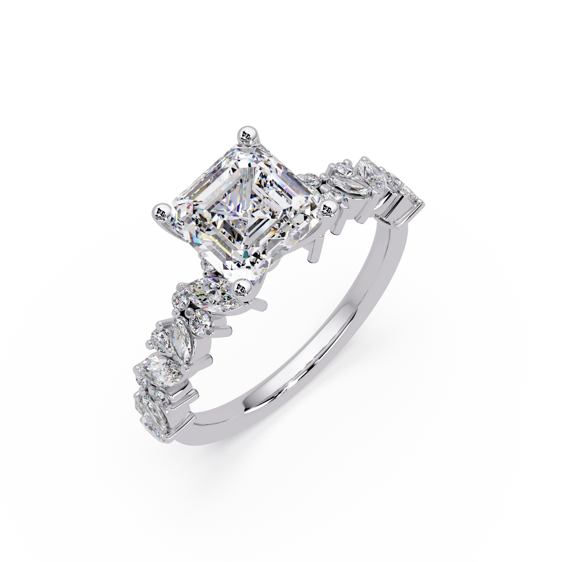 Asscher Cut Lab Grown Diamond Floral Bridal Set White Gold Marquise Pavé Engagement Ring