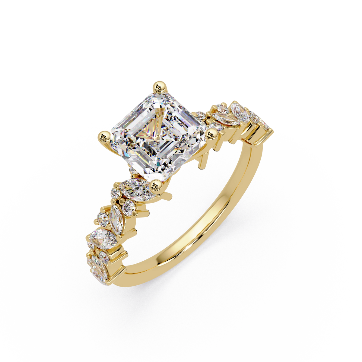 Asscher Cut Lab Grown Diamond Floral Bridal Set White Gold Marquise Pavé Engagement Ring