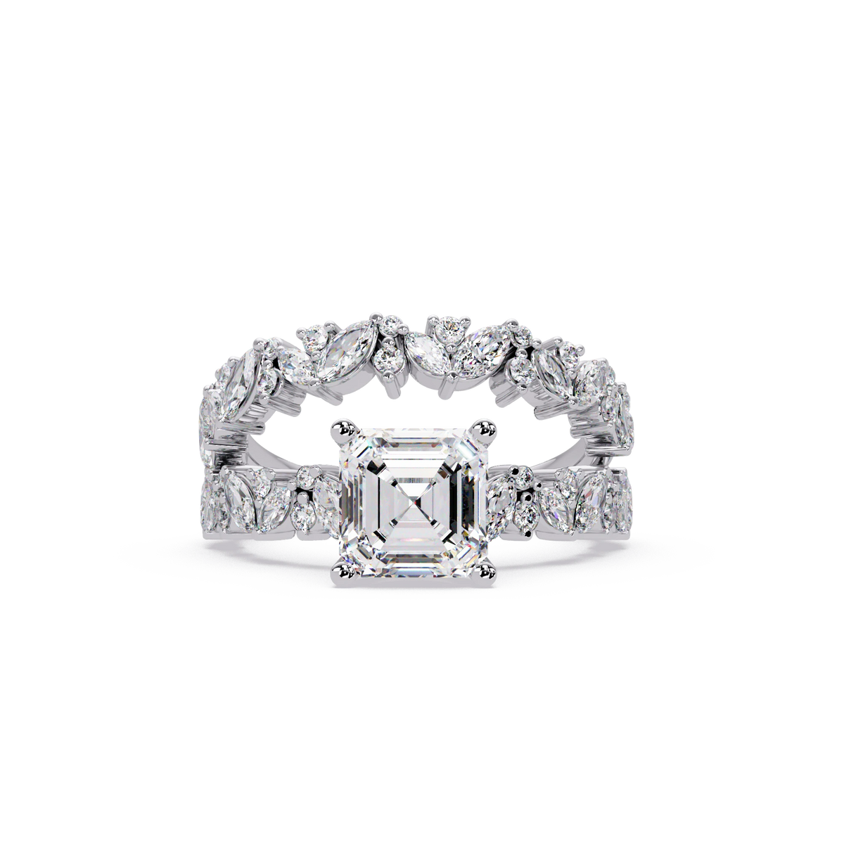 Asscher Cut Lab Grown Diamond Floral Bridal Set White Gold Marquise Pavé Engagement Ring