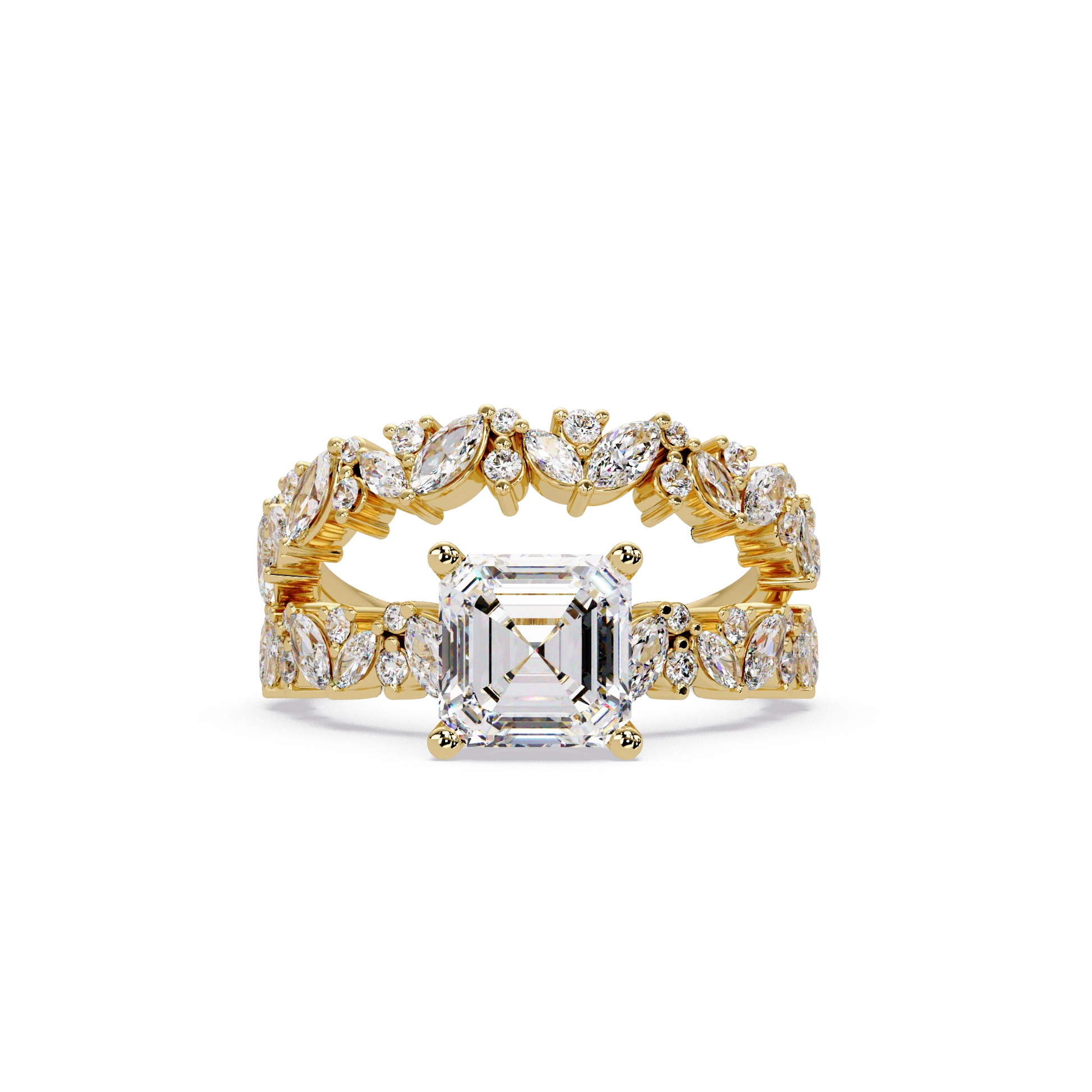Asscher Cut Lab Grown Diamond Floral Bridal Set White Gold Marquise Pavé Engagement Ring