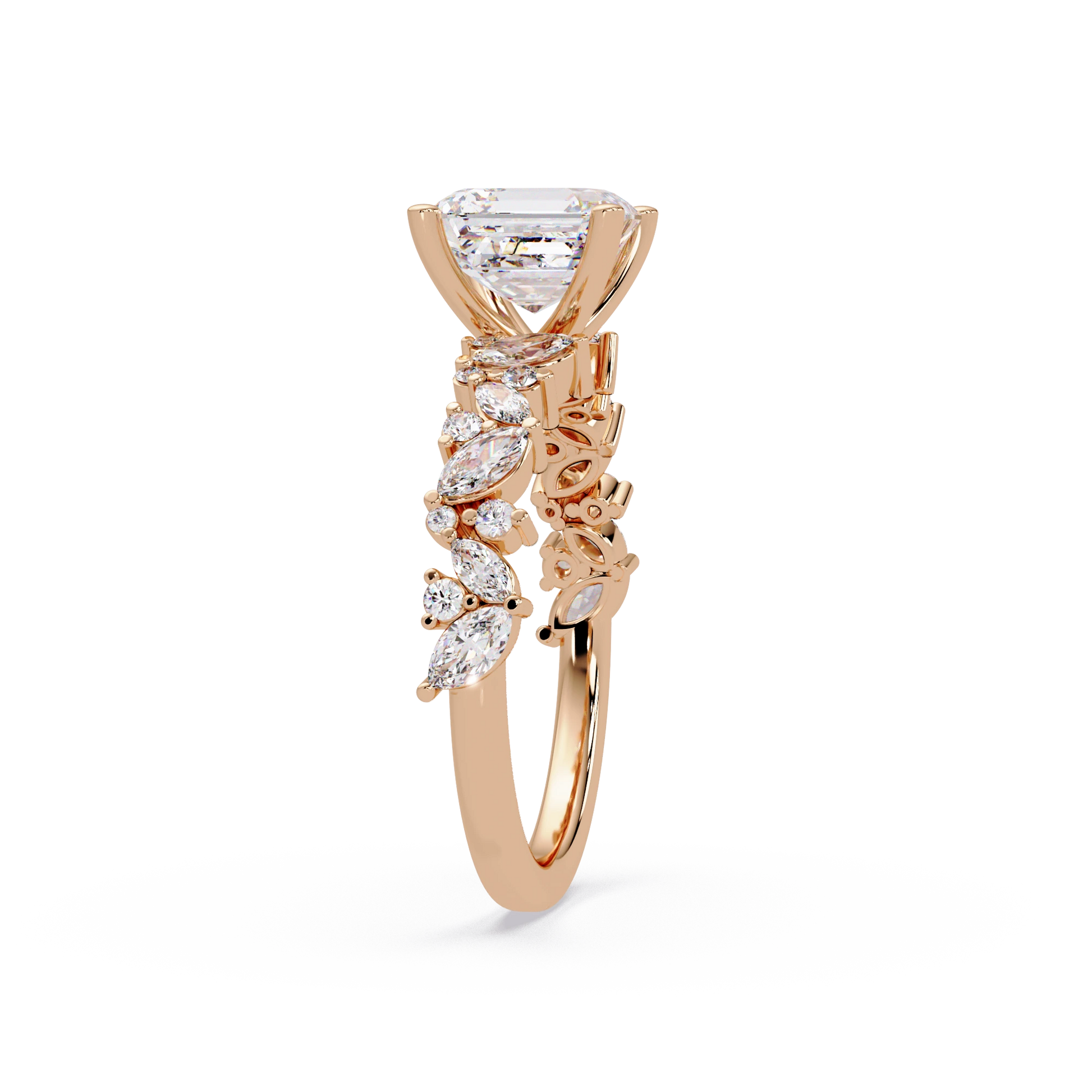 Asscher Cut Lab Grown Diamond Floral Bridal Set White Gold Marquise Pavé Engagement Ring