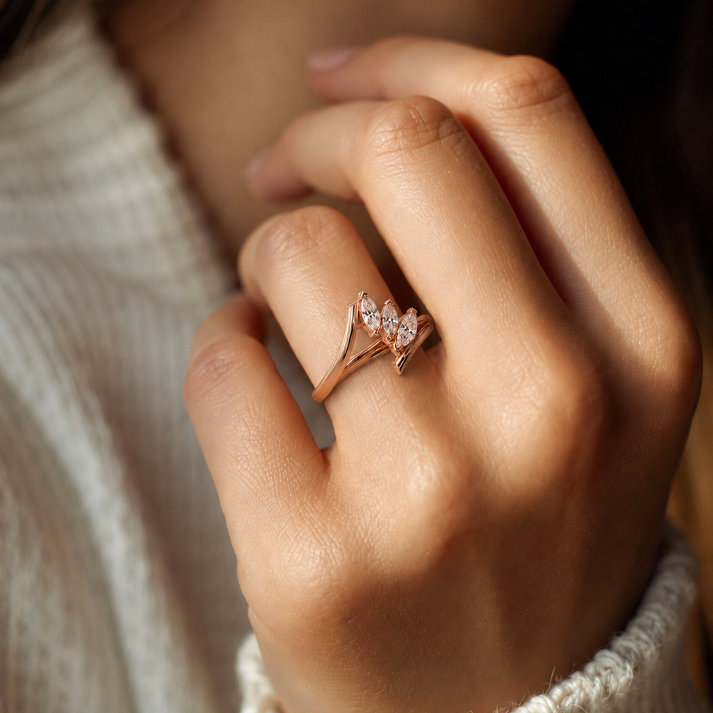 Round Lab Grown Diamond Chevron Wedding Band & Curved Marquise Accent Stackable Ring