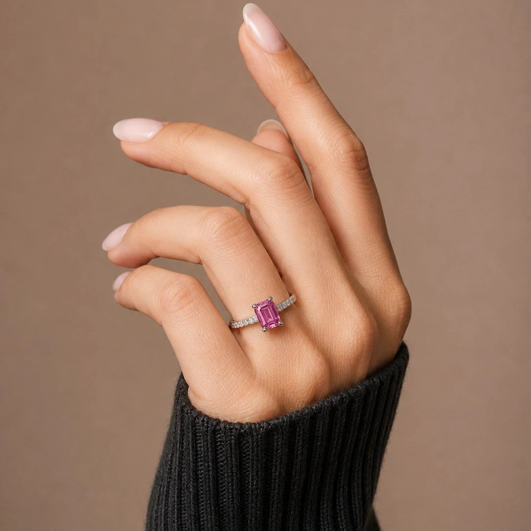 Emerald Cut Pink Sapphire Engagement Ring with Diamond Pavé Band