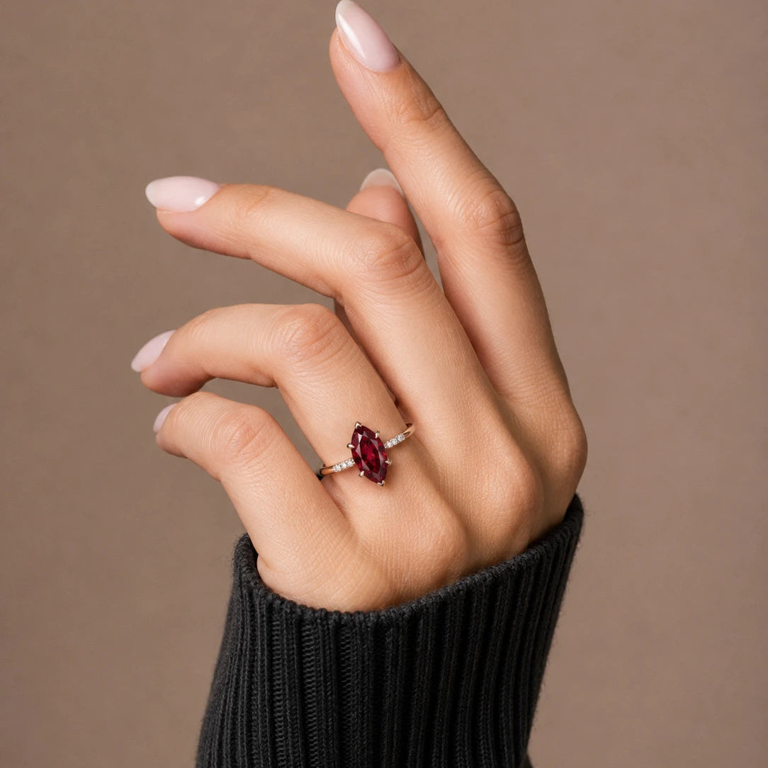 Marquise Cut Red Ruby Minimalist Engagement Ring with Diamond Accents, Dainty Ruby Solitaire Ring, Elegant Gemstone Ring for Women