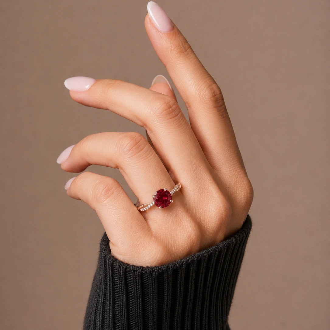 Round Red Ruby Twisted Band Engagement Ring with Diamond Accents, Infinity Style Ruby Ring, Round Cut Gemstone Ring for Women