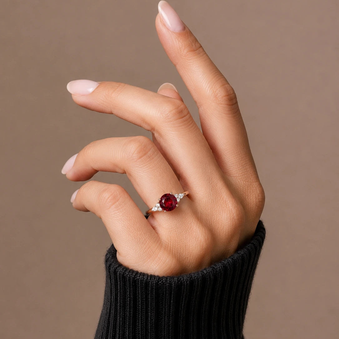Round Cut Red Ruby Engagement Ring with Diamond Accent Side Stones