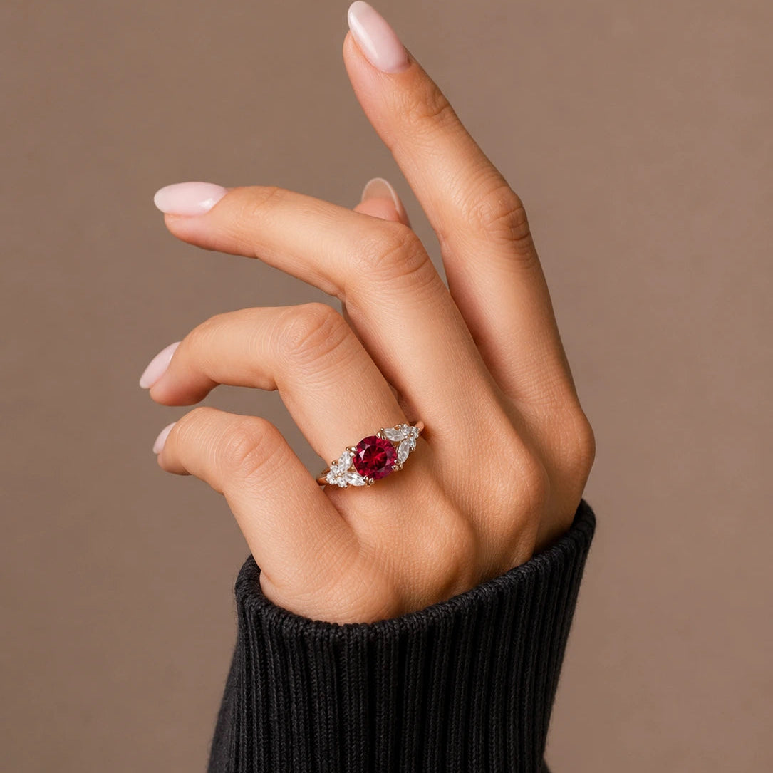 Round Red Ruby Ring, Ruby Engagement Ring, Marquise Diamond Ring, Vintage Inspired Ruby Ring, Diamond Cluster Ring, Fine Jewellery Gift