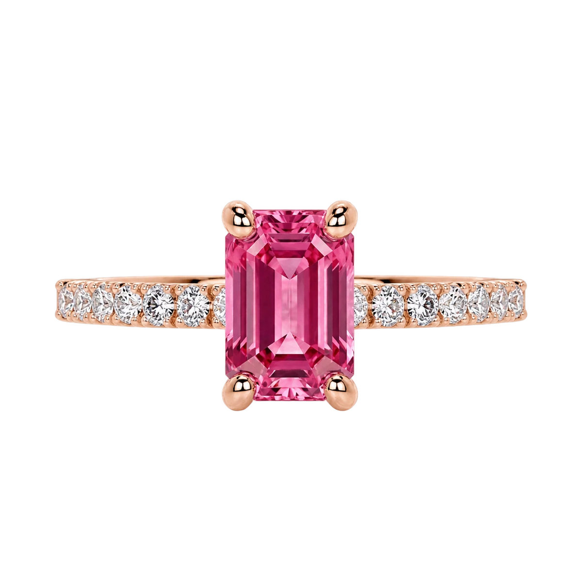 Emerald Cut Pink Sapphire Engagement Ring with Diamond Pavé Band