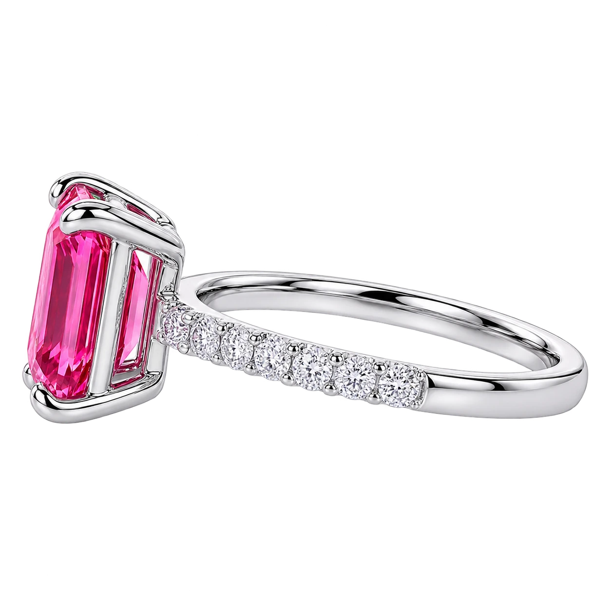 Emerald Cut Pink Sapphire Engagement Ring with Diamond Pavé Band