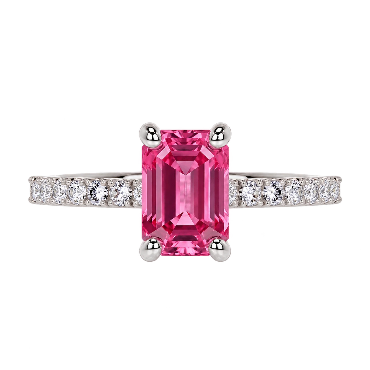 Emerald Cut Pink Sapphire Engagement Ring with Diamond Pavé Band