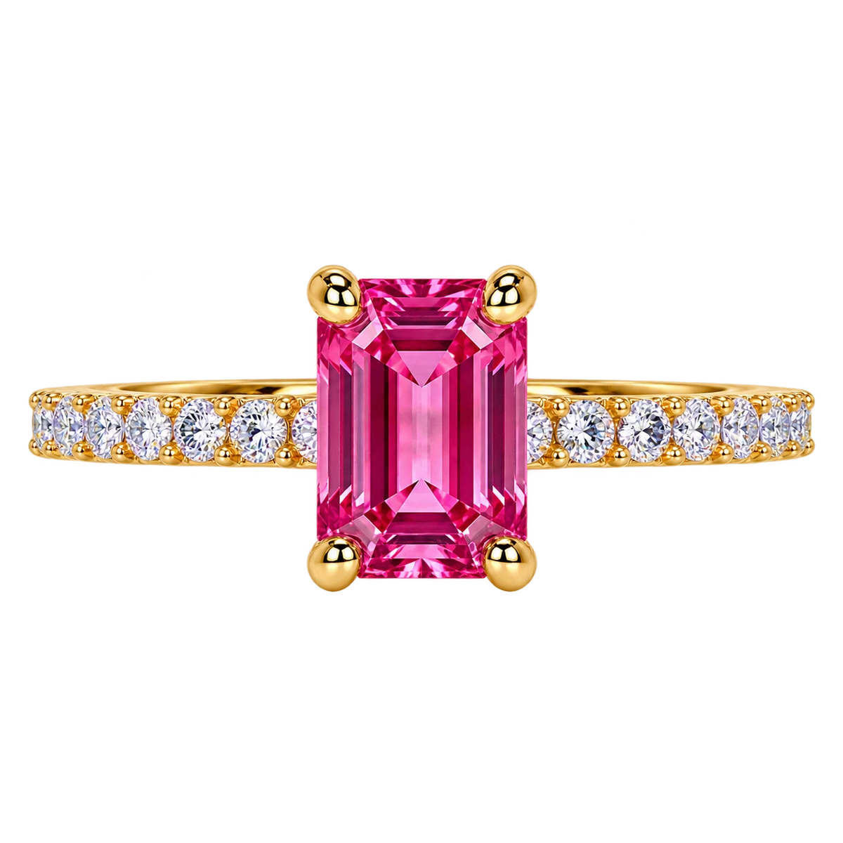 Emerald Cut Pink Sapphire Engagement Ring with Diamond Pavé Band