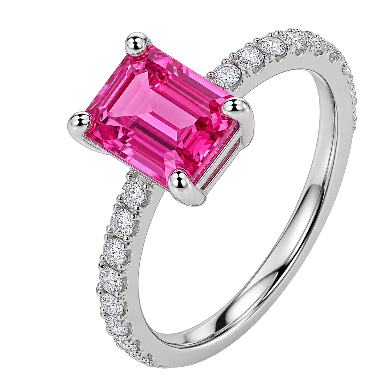 Emerald Cut Pink Sapphire Engagement Ring with Diamond Pavé Band