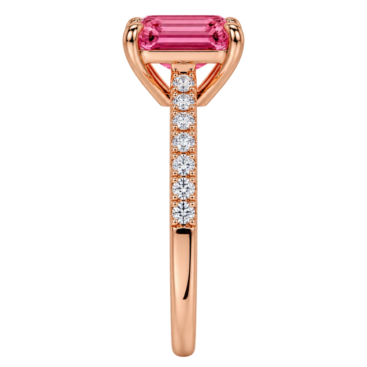 Emerald Cut Pink Sapphire Engagement Ring with Diamond Pavé Band