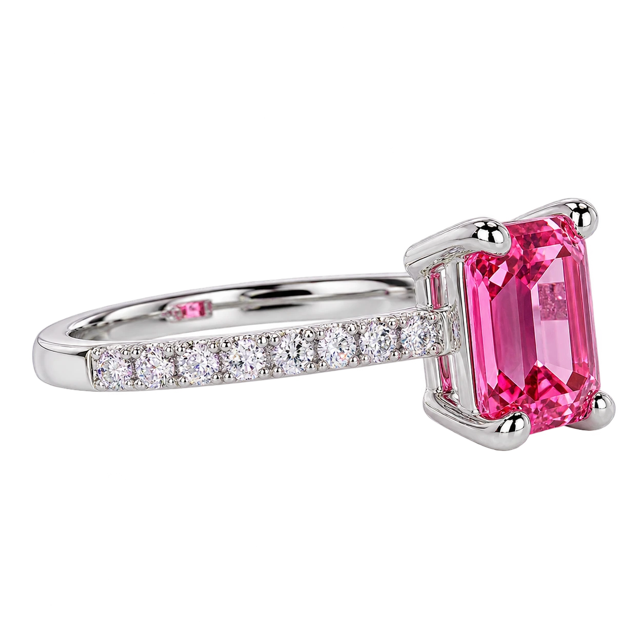 Emerald Cut Pink Sapphire Engagement Ring with Diamond Pavé Band