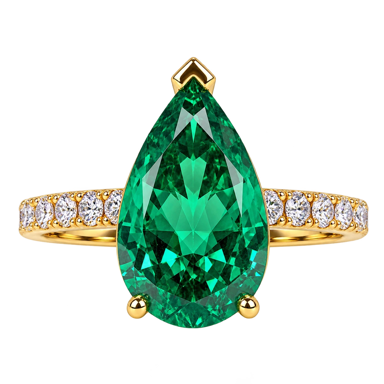 Pear Shaped Lab Grown Emerald Engagement Ring with Diamond Accented Band – Elegant Gemstone Ring for Women