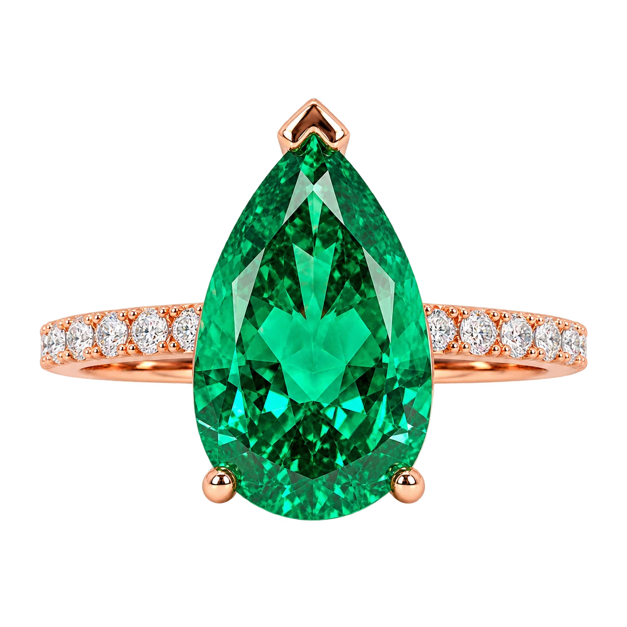 Pear Shaped Lab Grown Emerald Engagement Ring with Diamond Accented Band – Elegant Gemstone Ring for Women