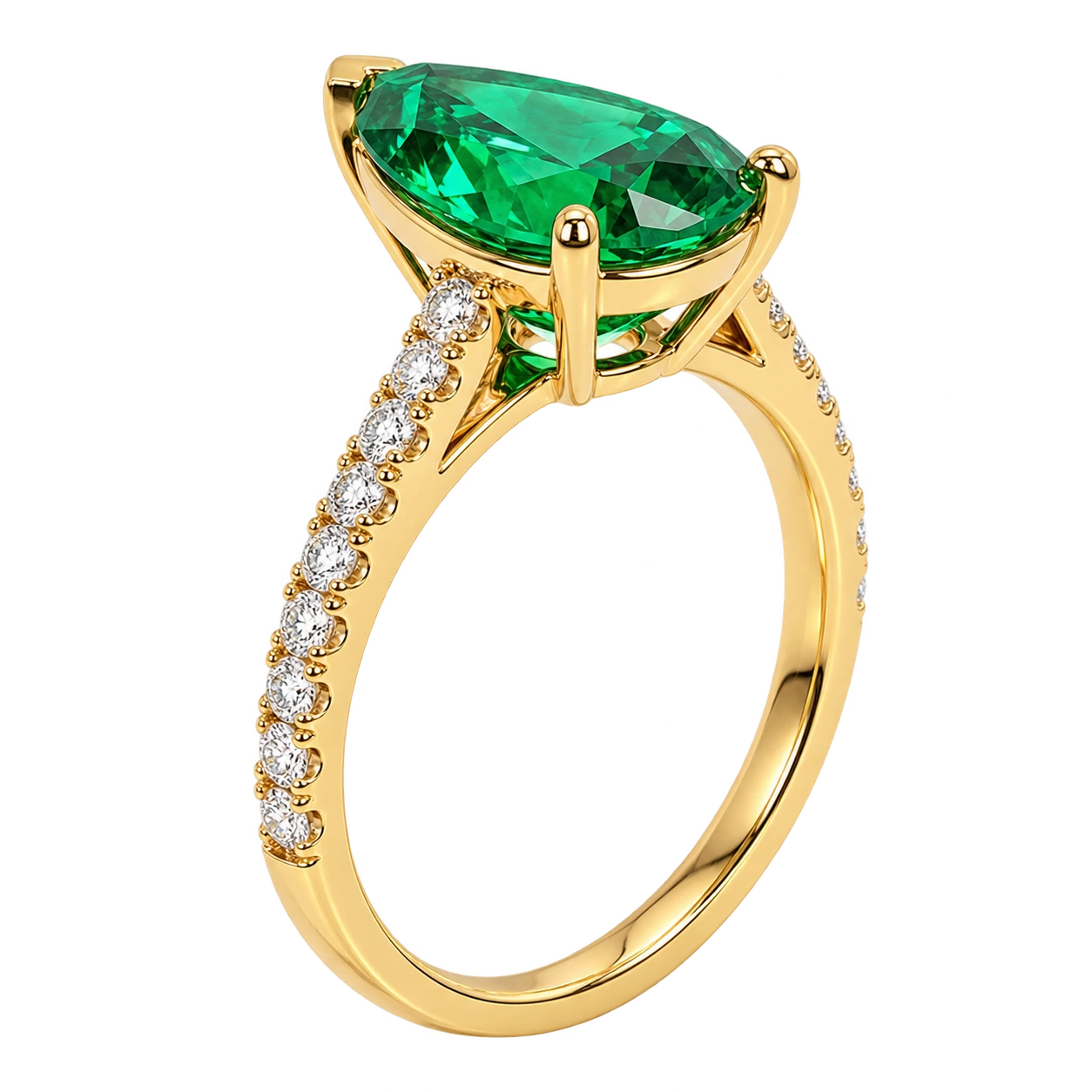 Pear Shaped Lab Grown Emerald Engagement Ring with Diamond Accented Band – Elegant Gemstone Ring for Women