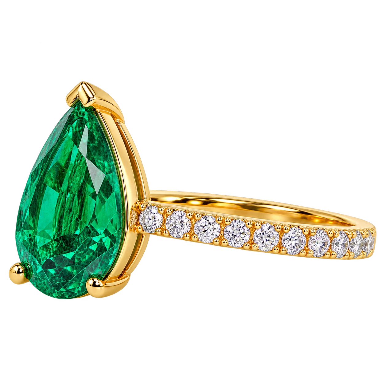 Pear Shaped Lab Grown Emerald Engagement Ring with Diamond Accented Band – Elegant Gemstone Ring for Women