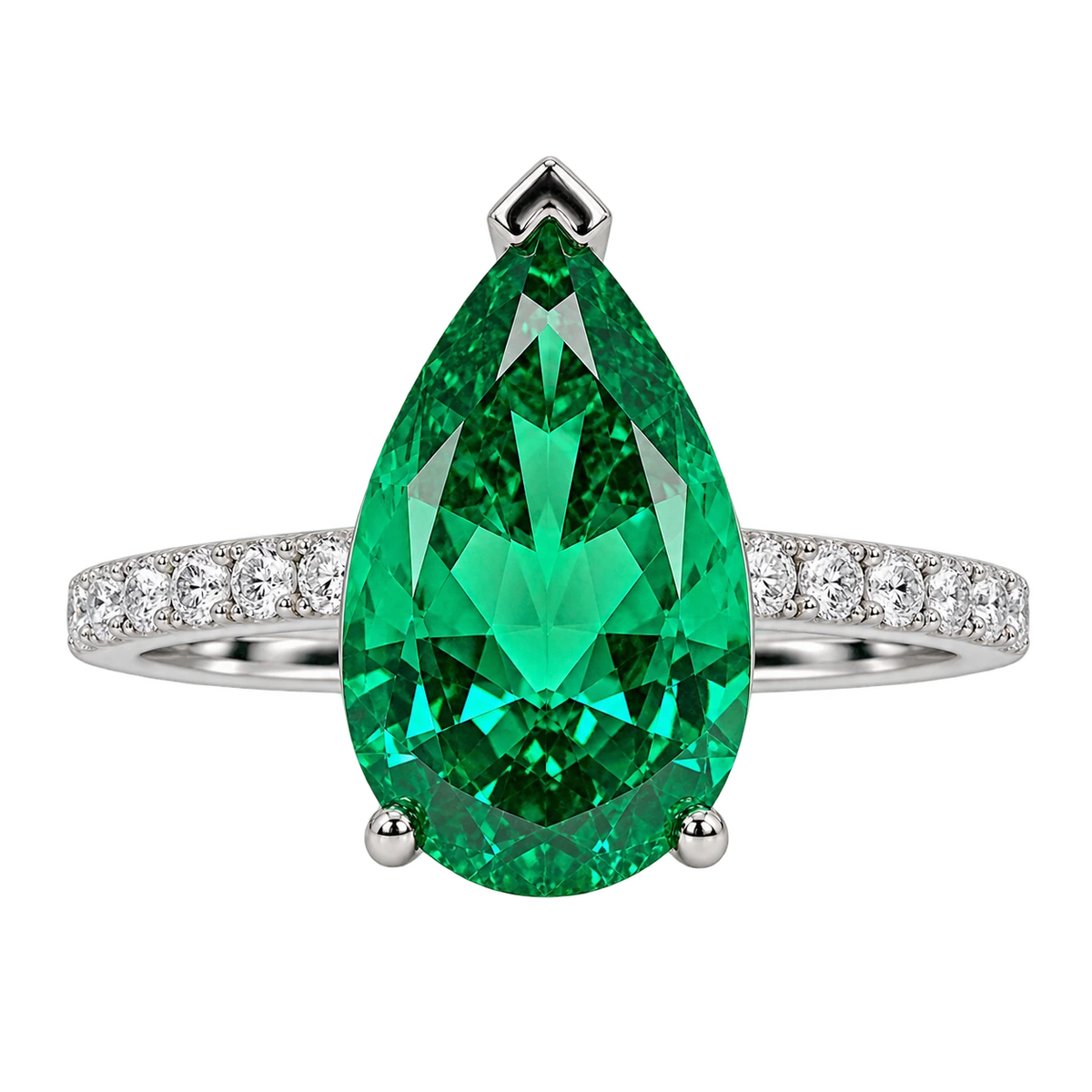 Pear Shaped Lab Grown Emerald Engagement Ring with Diamond Accented Band – Elegant Gemstone Ring for Women