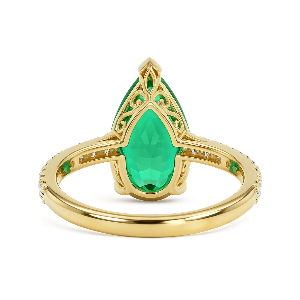 Pear Shaped Lab Grown Emerald Engagement Ring with Diamond Accented Band – Elegant Gemstone Ring for Women