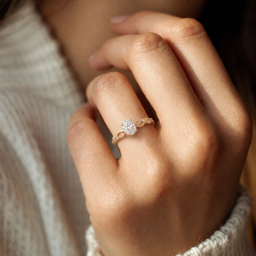 Oval Lab Grown Diamond Engagement Ring with Vintage Leaf-Inspired Twisted Shank