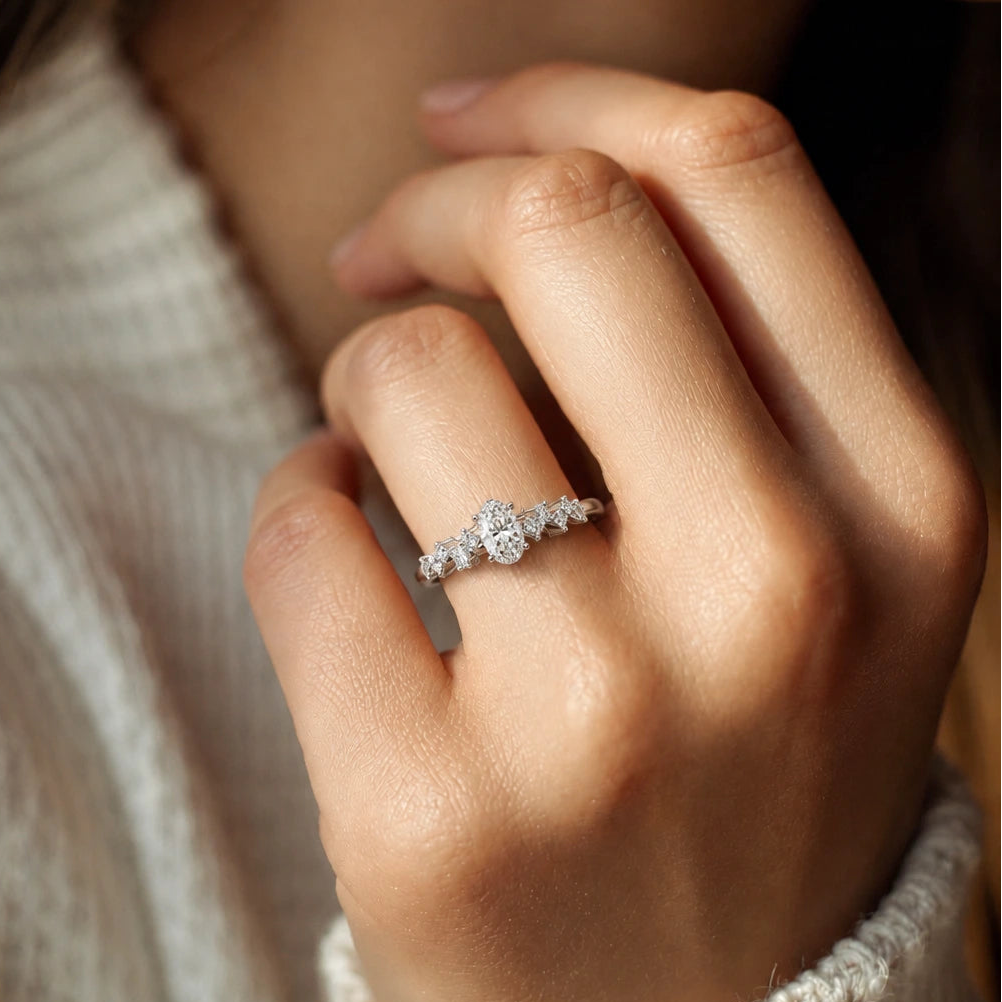 Oval Lab Grown Diamond Engagement Ring with Floral Accented Band