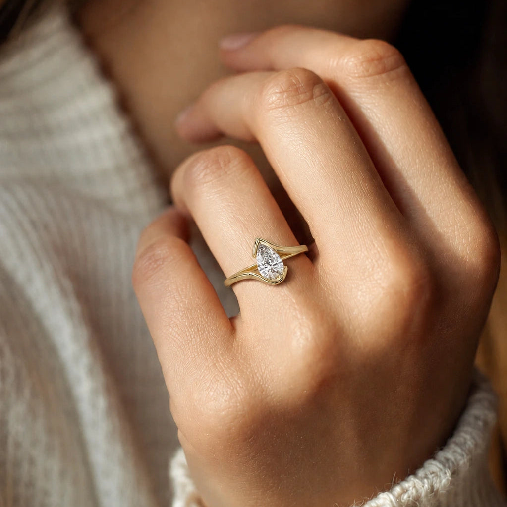 Pear Lab Grown Diamond Engagement Ring, Twisted Bypass Solitaire Ring, Minimalist Bridal Ring