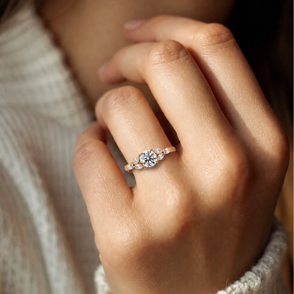 Round Lab Grown Diamond Engagement Ring - Floral Marquise Side Stone Ring