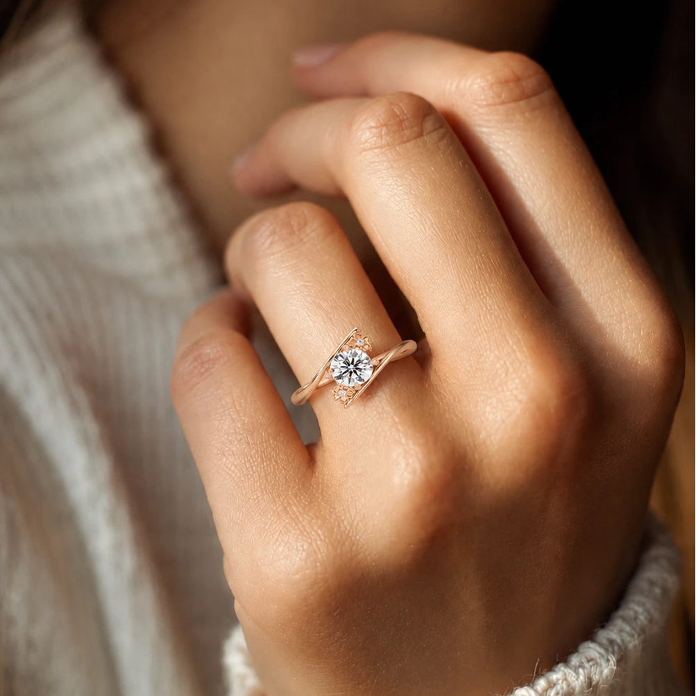 Round Solitaire Lab Grown Diamond Ring - Floral Bypass Design