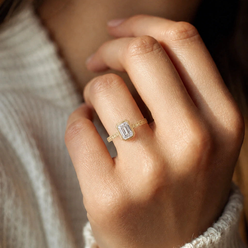 Emerald Cut Bezel Lab Grown Diamond Engagement Ring, Vintage Engraved Solitaire Ring, Art Deco Bridal Ring