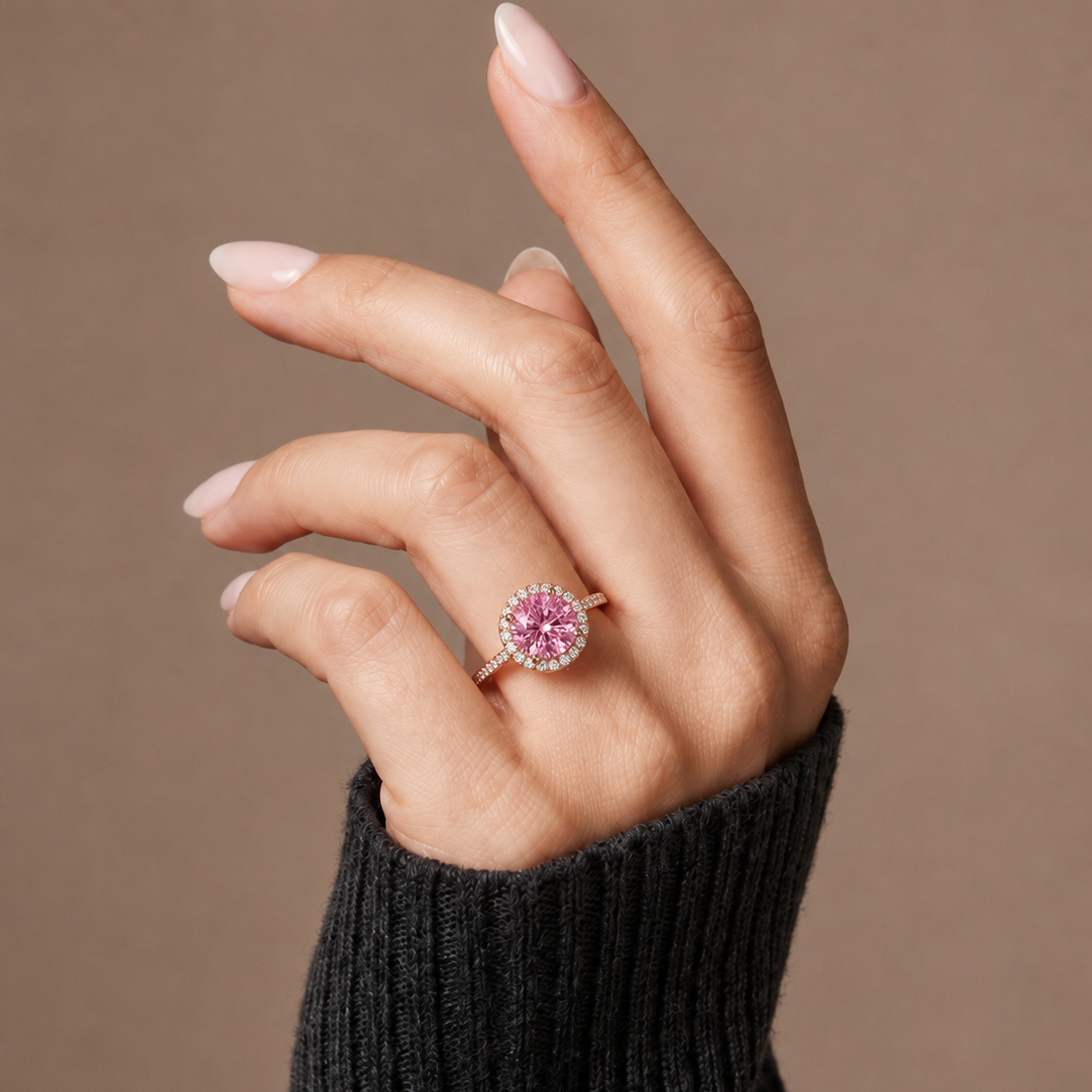 Round Pink Sapphire Halo Engagement Ring with Diamond Accents