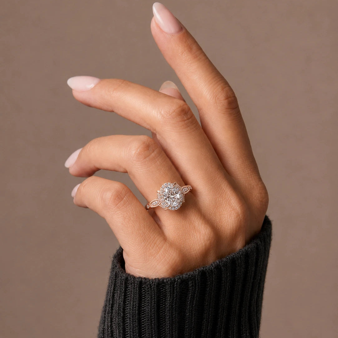 Oval Lab Grown Diamond Halo Engagement Ring with Vintage Milgrain Accents