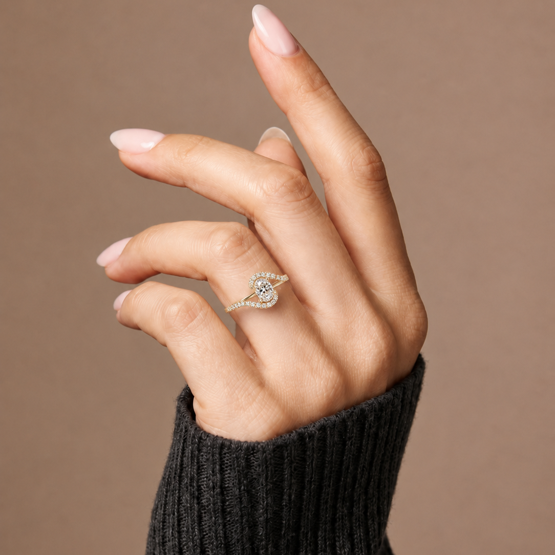 Oval Lab Grown Diamond Bypass Engagement Ring with Pavé Accents