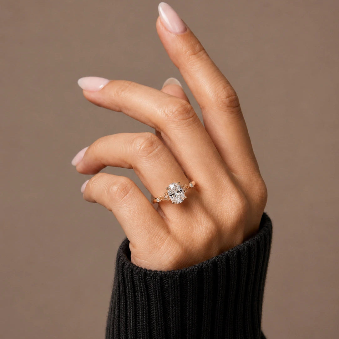 Oval Lab Grown Diamond Engagement Ring with Vintage Accented Shank