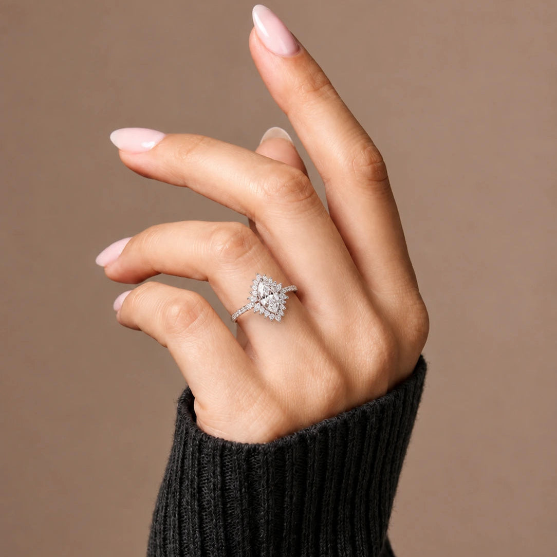 Marquise Diamond Floral Halo Engagement Ring Elegant Pavé Cluster Vintage Bridal Ring