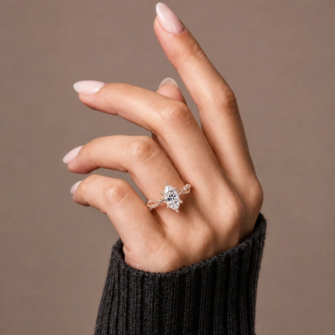 Marquise Diamond Engagement Ring Twisted Leaf Rose Gold Ring