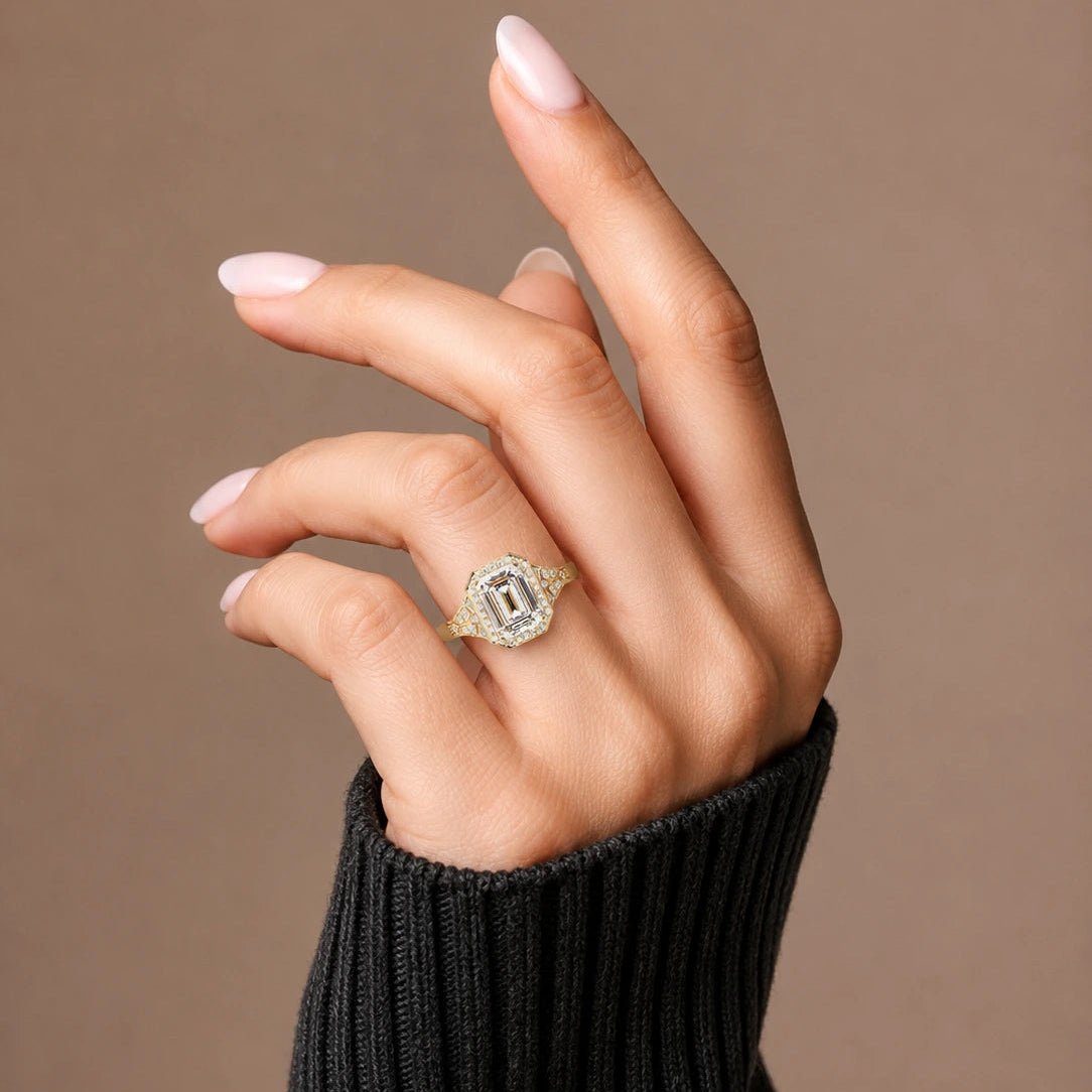 Emerald Cut Lab Grown Diamond Engagement Ring Vintage Halo Octagon Gold Ring