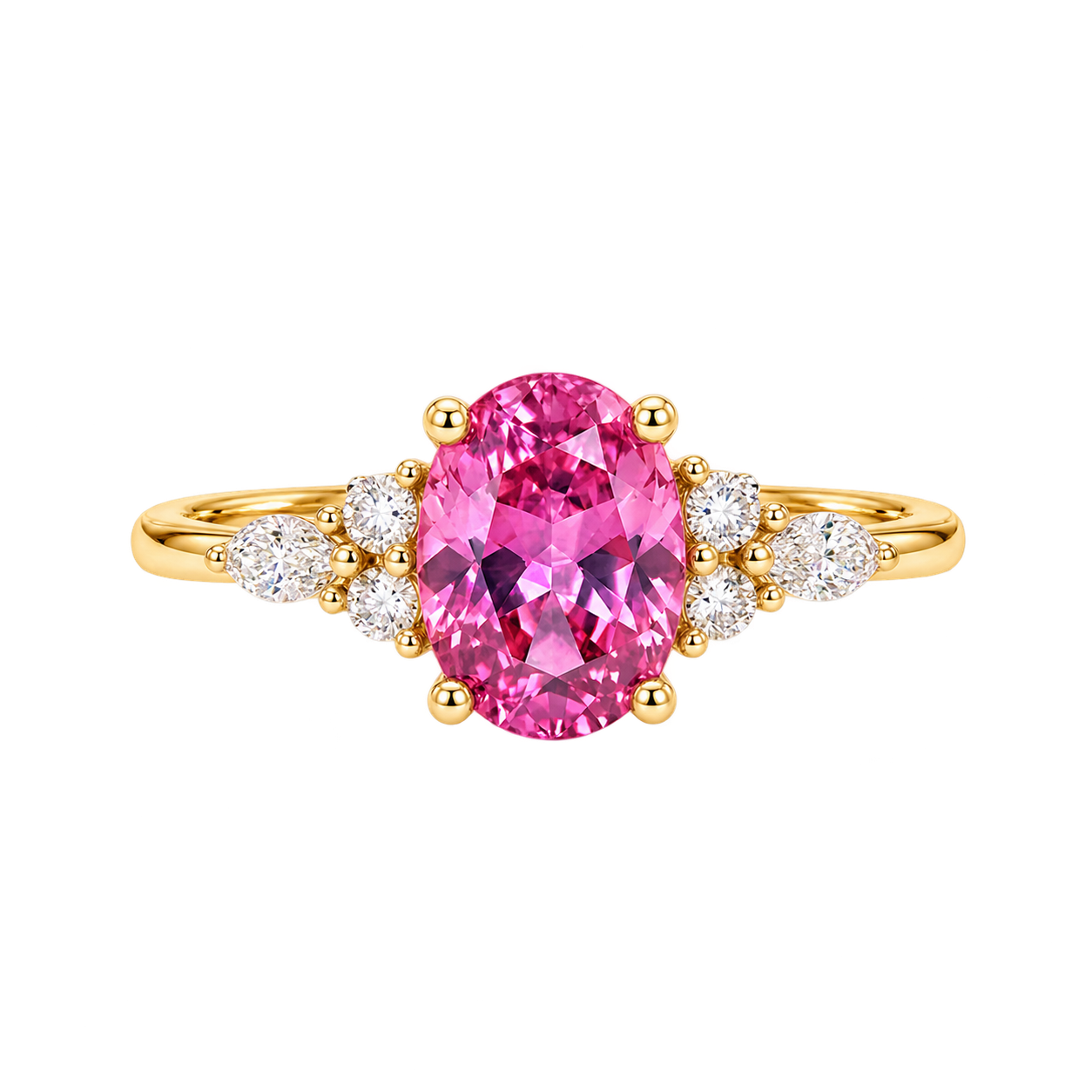 Oval Cut Pink Sapphire Ring with Marquise and Round Diamond Accents