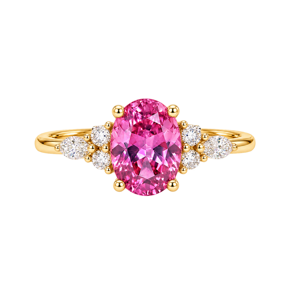 Oval Cut Pink Sapphire Ring with Marquise and Round Diamond Accents