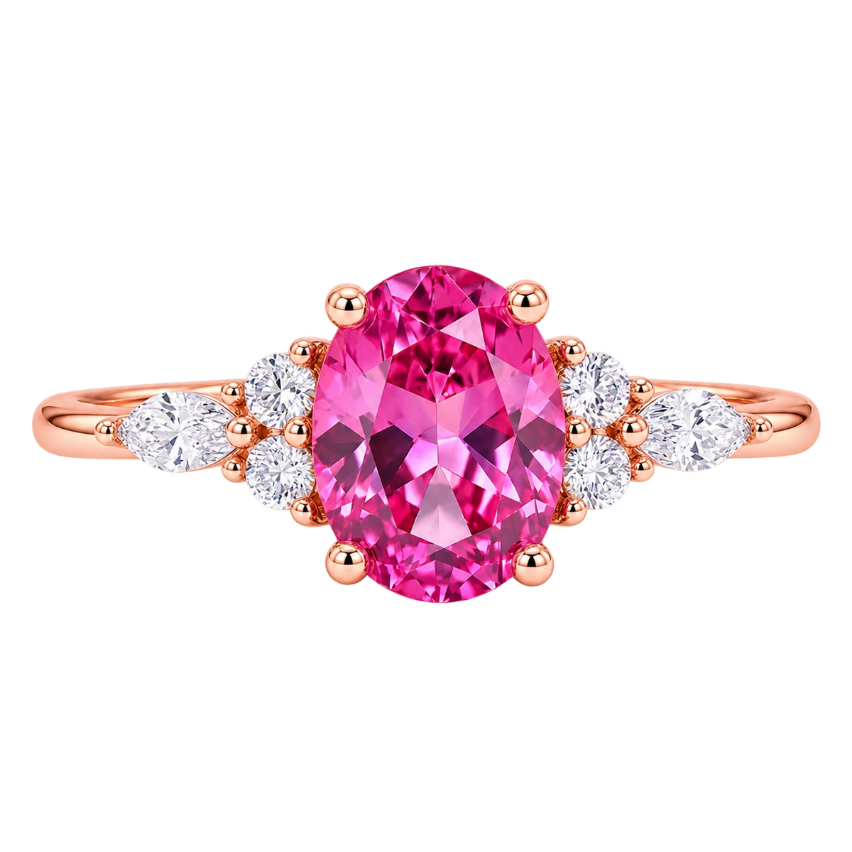 Oval Cut Pink Sapphire Ring with Marquise and Round Diamond Accents