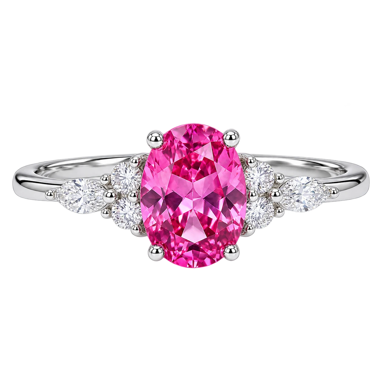 Oval Cut Pink Sapphire Ring with Marquise and Round Diamond Accents